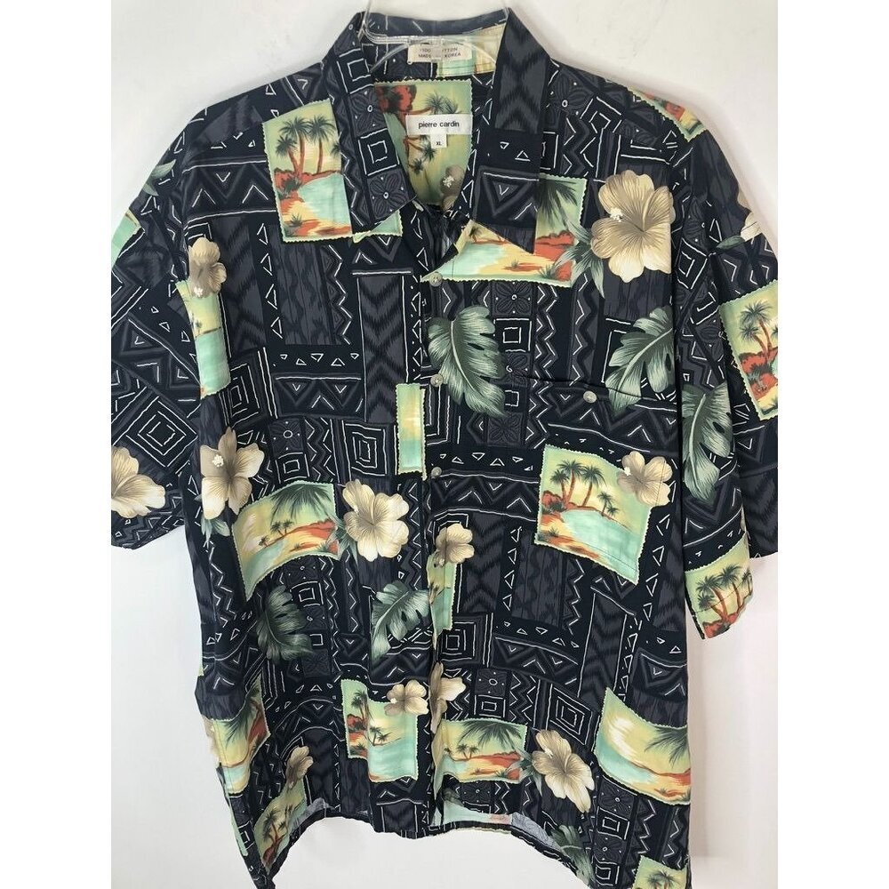Vintage Pierre Cardin Mens Hawaiian Shirt XL Black Tropical Print 100% Cotton
